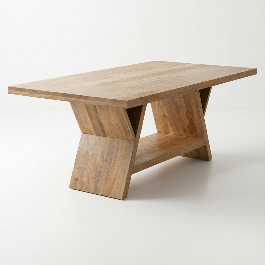 Wooden dining table with unique X-shaped legs on a white background