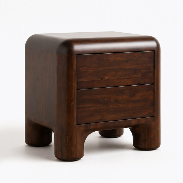 A dark brown wooden nightstand with two drawers and rounded legs, photographed on a clean white background.