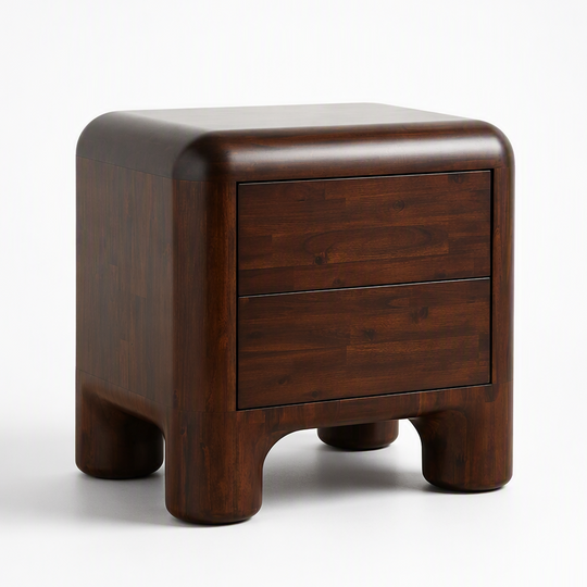 A brown wooden two-drawer nightstand with rounded edges and chunky block legs, photographed on a clean white background.