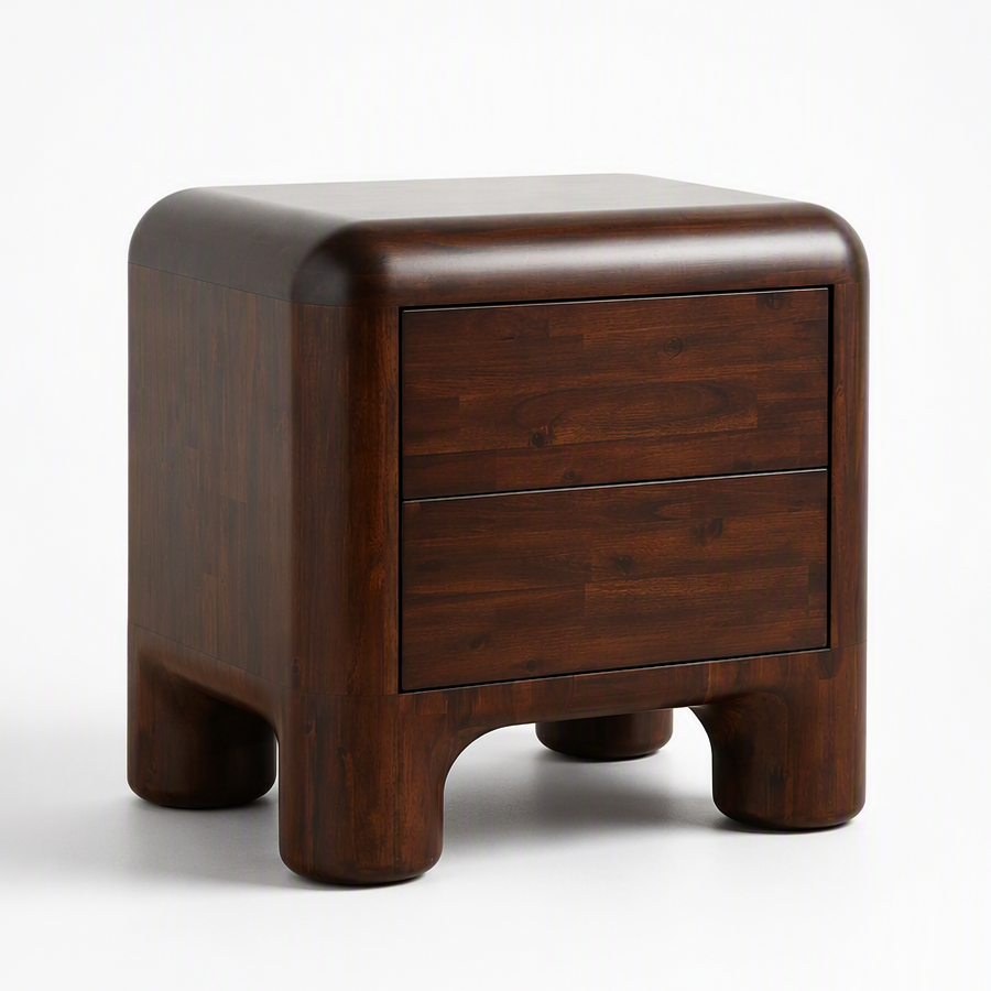 A brown wooden two-drawer nightstand with rounded edges and chunky block legs, photographed on a clean white background.
