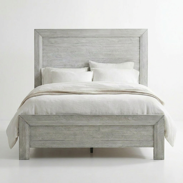 Gray wooden bed with white bedding on a white background