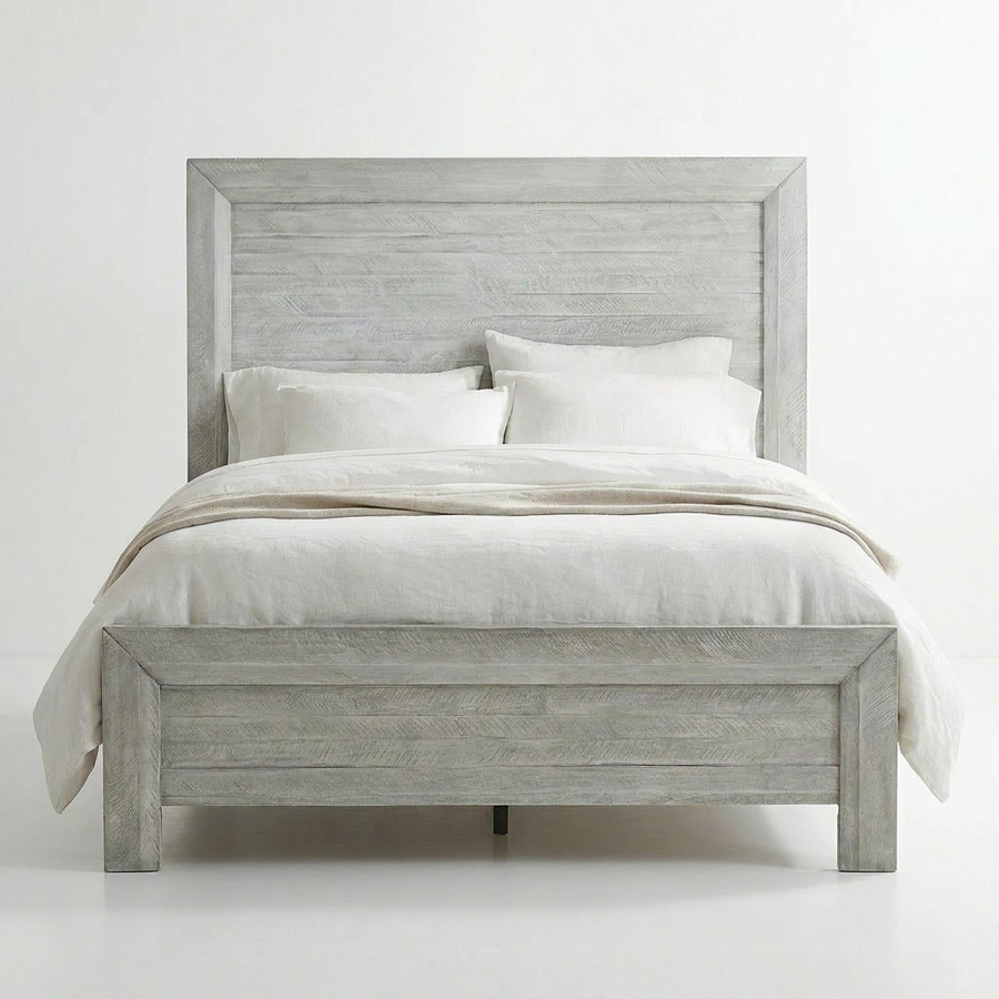 Gray wooden bed with white bedding on a white background