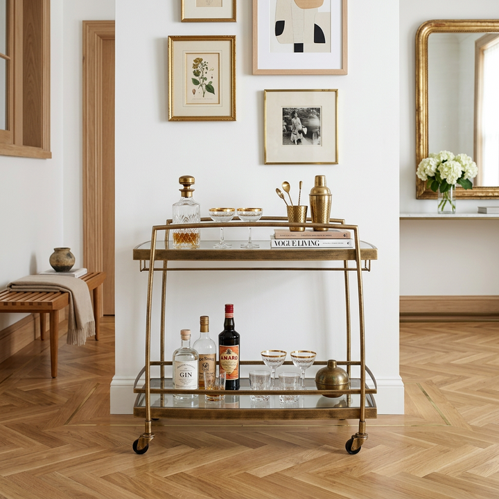 SCARLETT ANTIQUE BRASS BAR CART