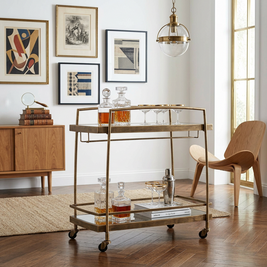 SCARLETT ANTIQUE BRASS BAR CART