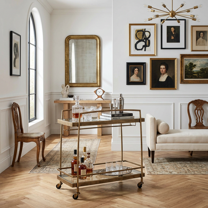 SCARLETT ANTIQUE BRASS BAR CART