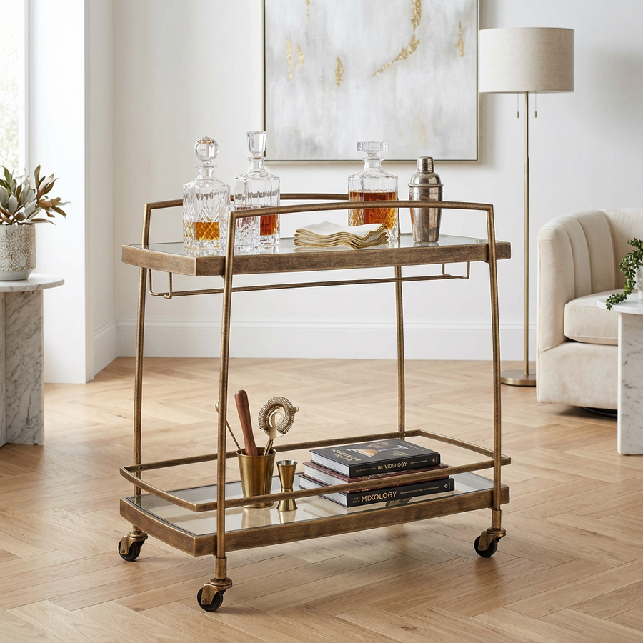 SCARLETT ANTIQUE BRASS BAR CART