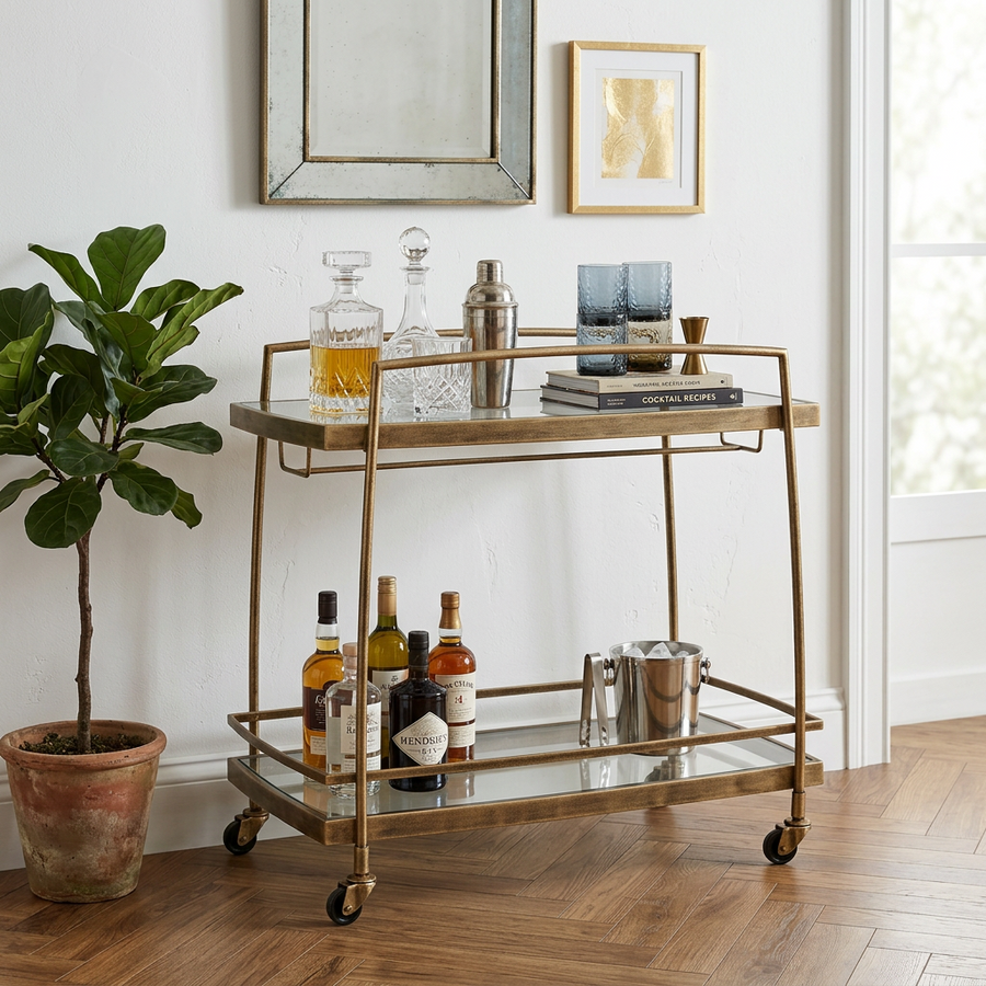 SCARLETT ANTIQUE BRASS BAR CART