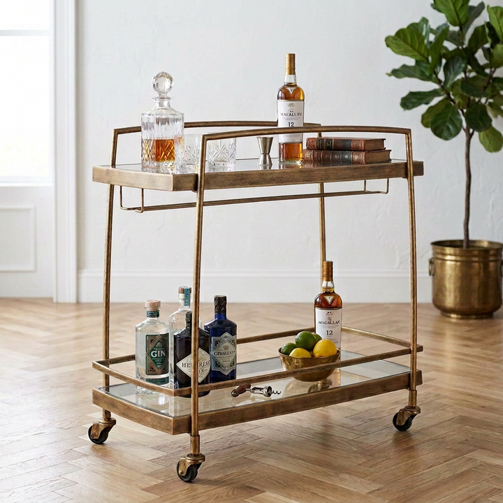 SCARLETT ANTIQUE BRASS BAR CART