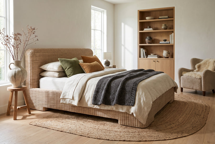Modern organic bedroom with a woven rattan bed, neutral linen bedding, cozy textures, and built-in wood shelving.