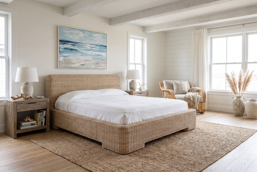 woven rattan bed isolated on a studio white background