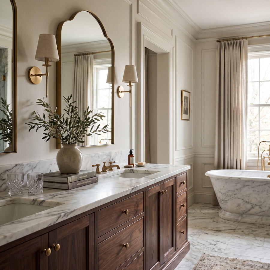 Elegant primary bathroom with a walnut vanity, marble countertop, arched mirrors, and a freestanding soaking tub.