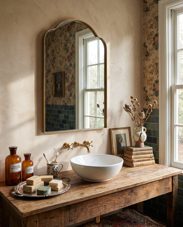 Rustic bathroom vanity with a vessel sink, brass faucet, arched mirror, vintage decor, and floral wallpaper accents.
