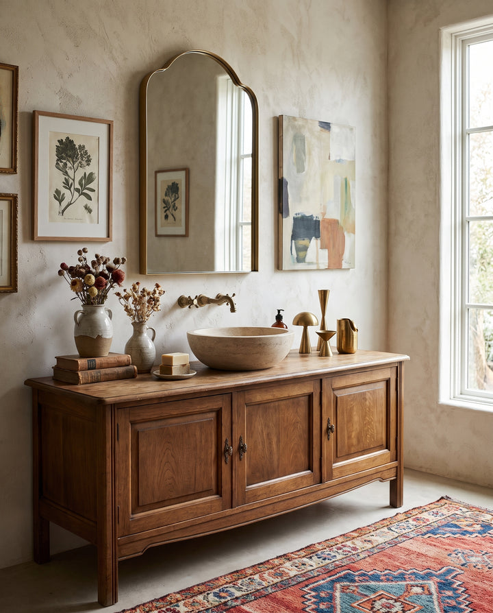 Rustic bathroom vanity with a stone vessel sink, arched brass mirror, and vintage decor in a warm, earthy interior.