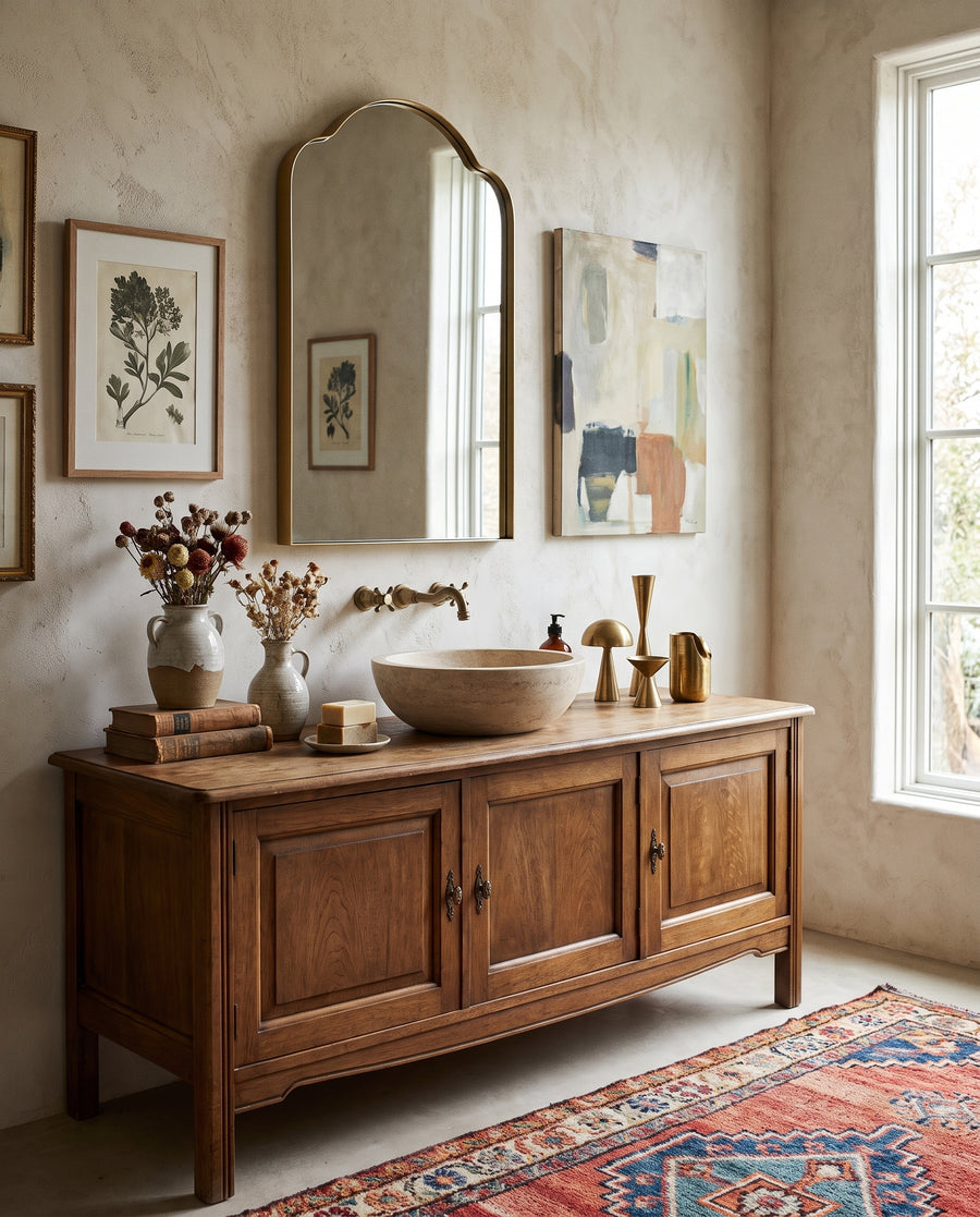 Rustic bathroom vanity with a stone vessel sink, arched brass mirror, and vintage decor in a warm, earthy interior.