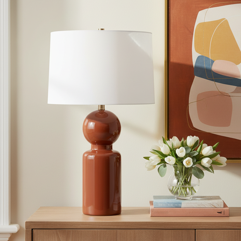 Decorative interior scene with a lamp, vase of flowers, and abstract art on a wall.
