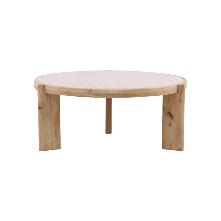 Round wooden coffee table with a beige marble top