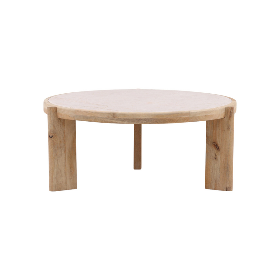 Round wooden coffee table with a beige marble top