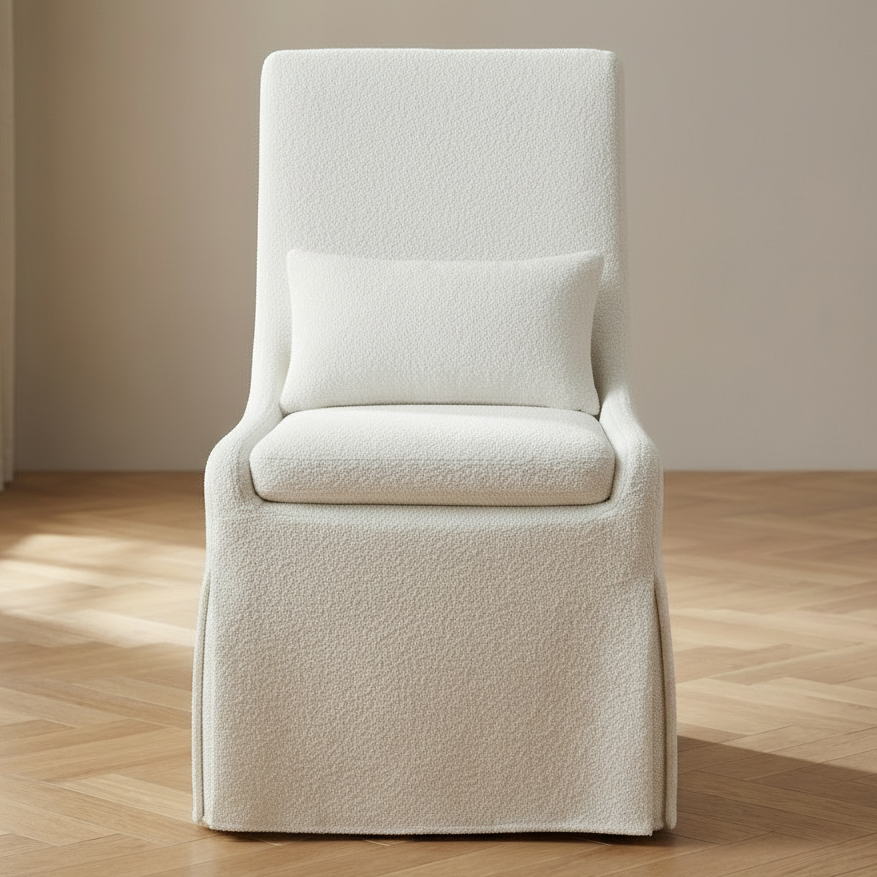 White upholstered chair with a pillow on a wooden floor and beige wall background