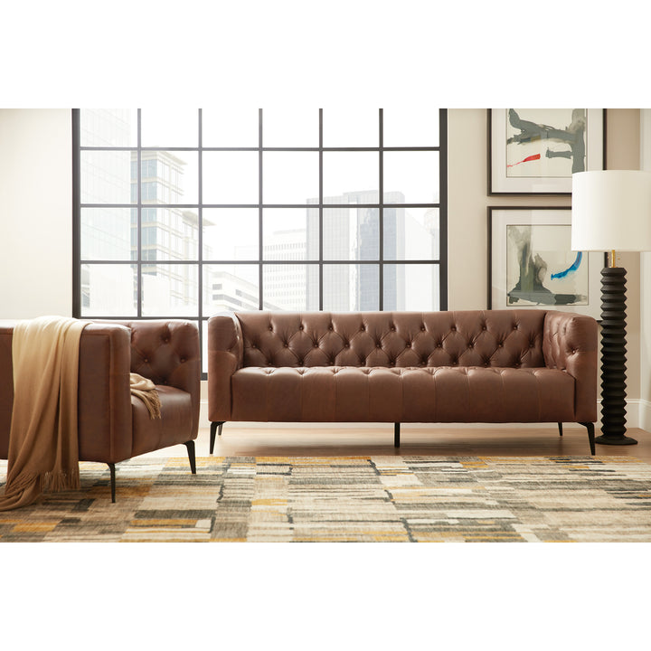 NICOLLA BROWN LEATHER STATIONARY SOFA - ROOM VIEW