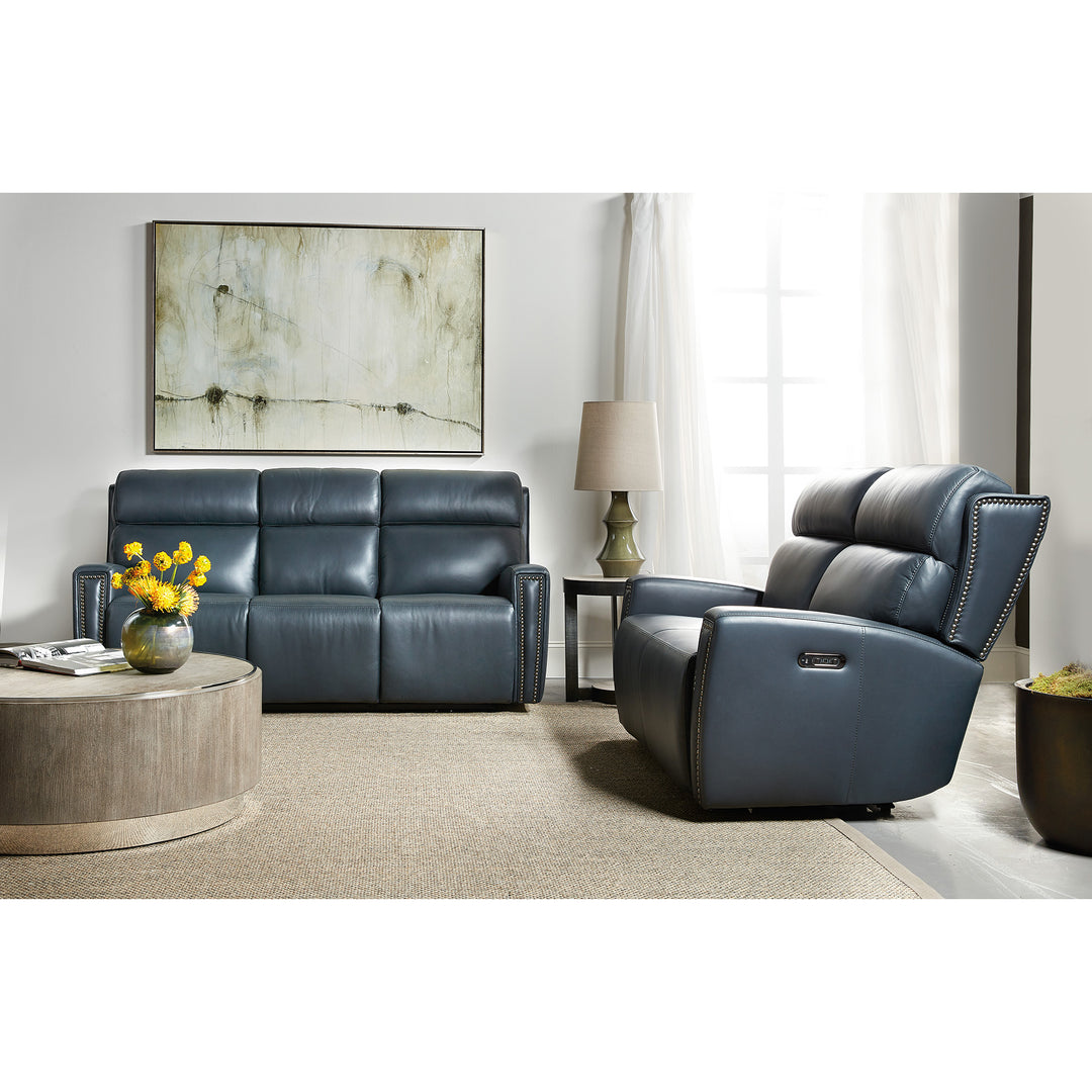 RUTHE ZEROG POWER SOFA WITH POWER HEADREST AND HIDDEN CONSOLE - BLUE - SIDE & FRONT VIEW