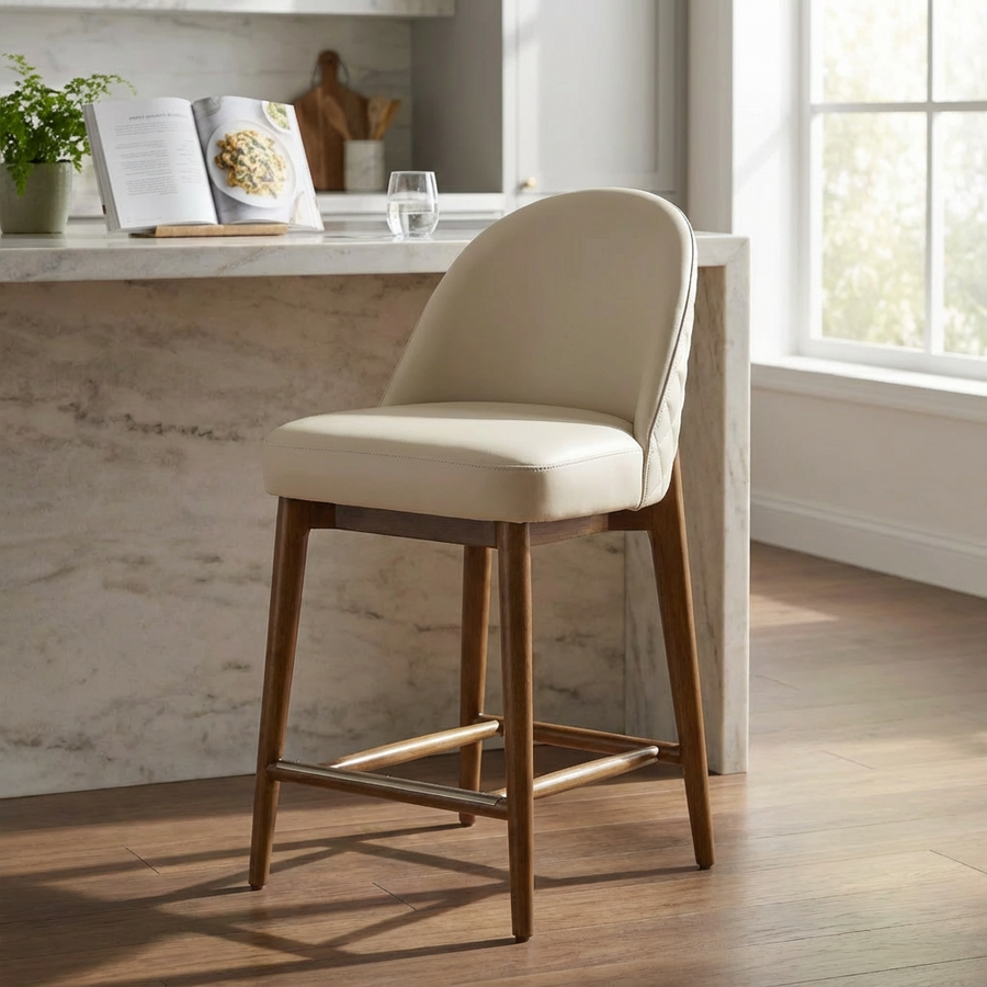 STITCHES ECRU LEATHER COUNTER STOOL