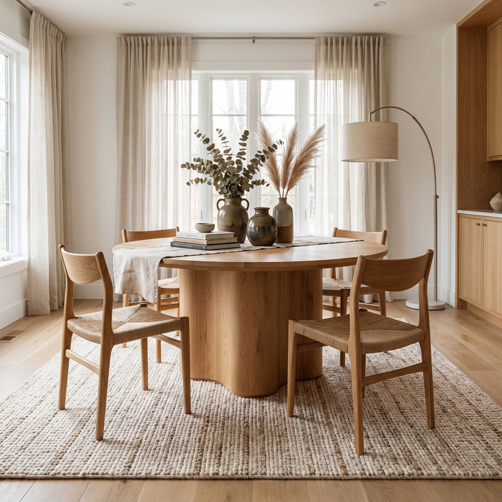 Modern organic dining room featuring a round oak table, woven chairs, and neutral decor in a bright, minimalist space.