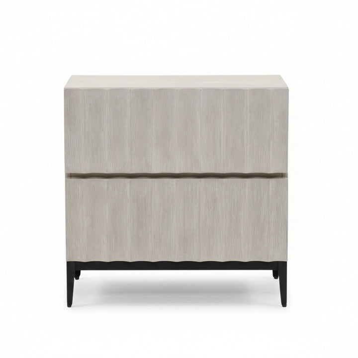 Two-drawer nightstand with light gray wood-grain finish and black legs on a white background