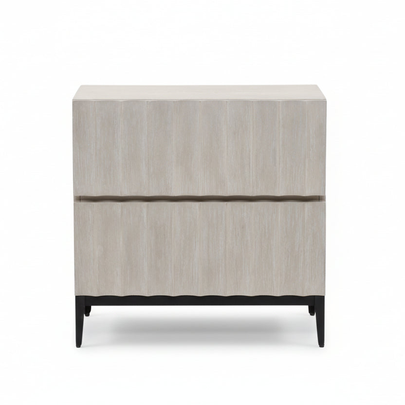 Two-drawer nightstand with light gray wood-grain finish and black legs on a white background