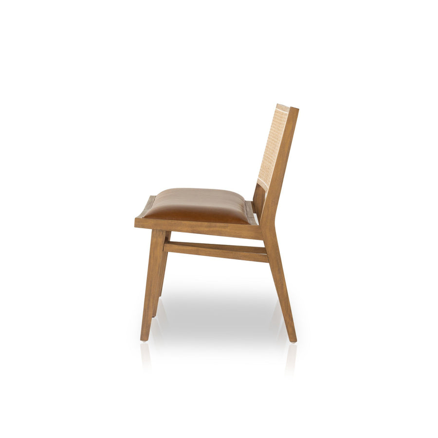 Modern wooden bench with a smooth brown leather seat and a woven backrest, showcased against a white background.