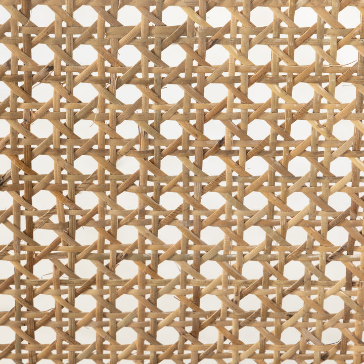 Close-up of a woven cane backrest pattern of a wooden bench showcasing intricate crisscrossed fibers.