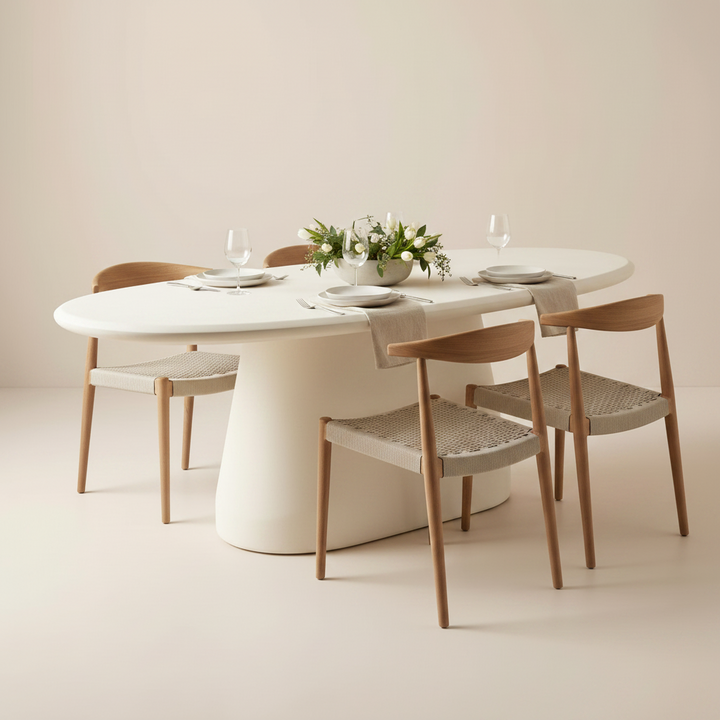 Dining table set with chairs and a floral arrangement