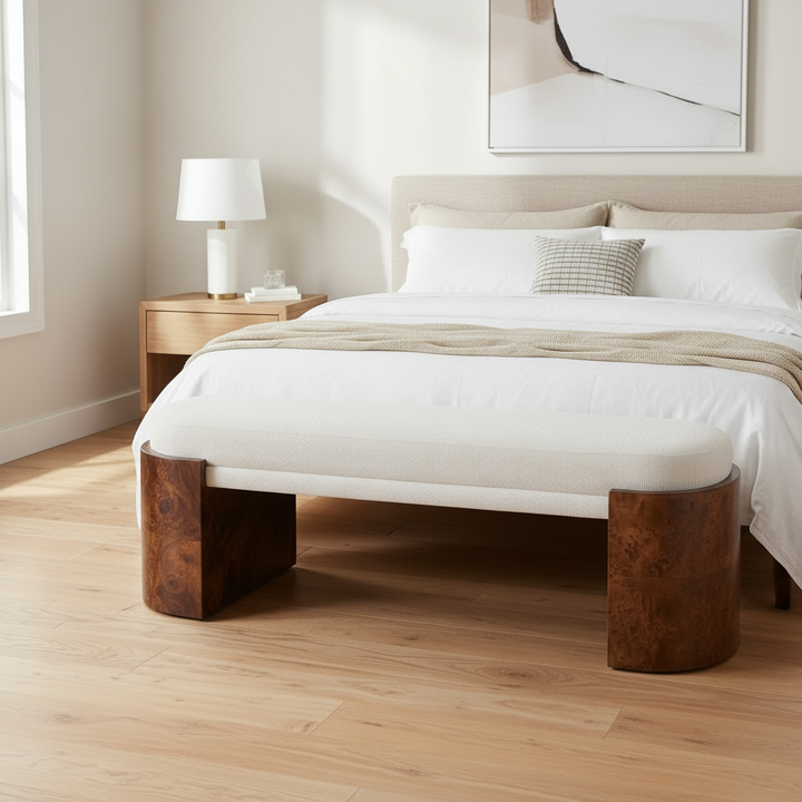 THORIAN UPHOLTERED BURL WOOD BENCH