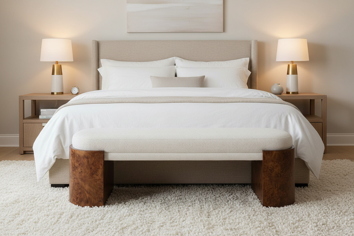 THORIAN UPHOLTERED BURL WOOD BENCH
