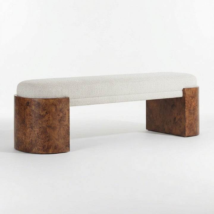 THORIAN UPHOLTERED BURL WOOD BENCH