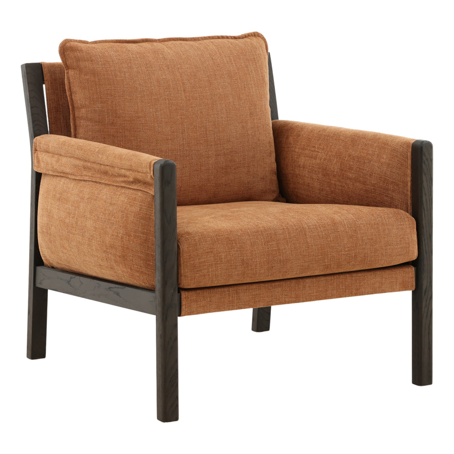 Brown armchair with wooden frame on a white background