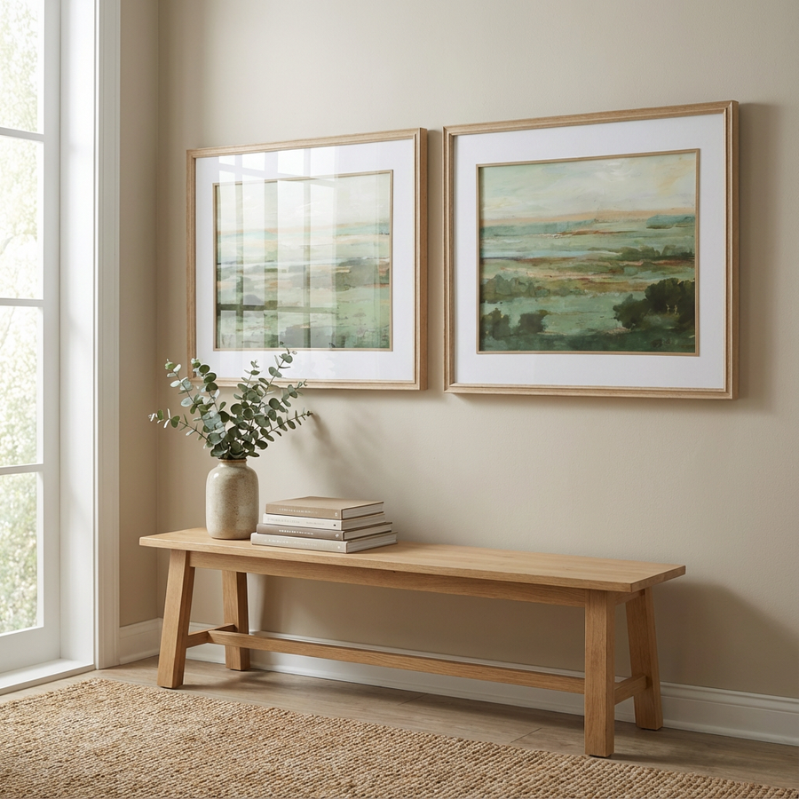 Wooden bench with a vase and books in front of two framed landscape paintings on a beige wall.