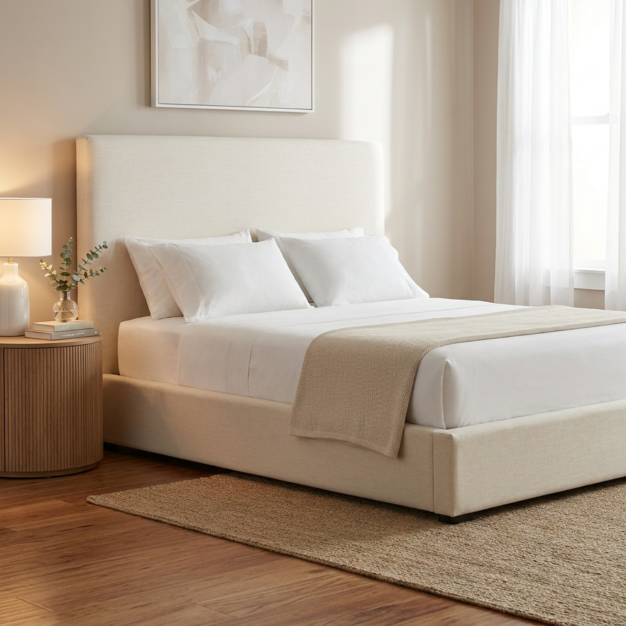 OFF-WHITE LINEN UPHOLSTERED BED