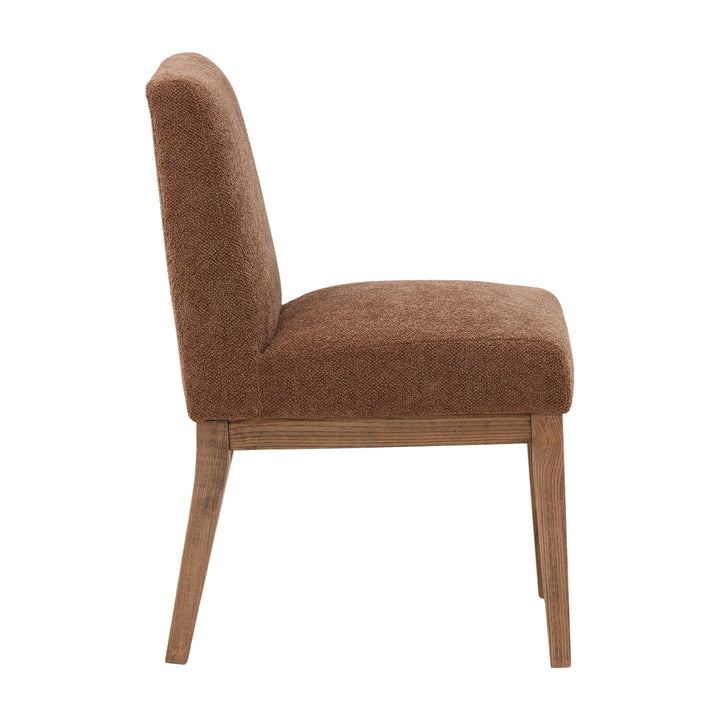Brown upholstered chair with wooden legs on a white background