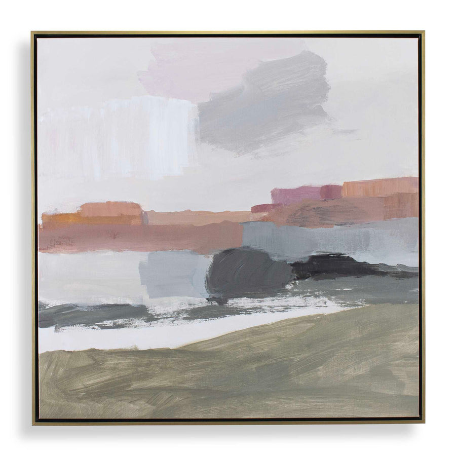Abstract landscape art piece with a gold frame