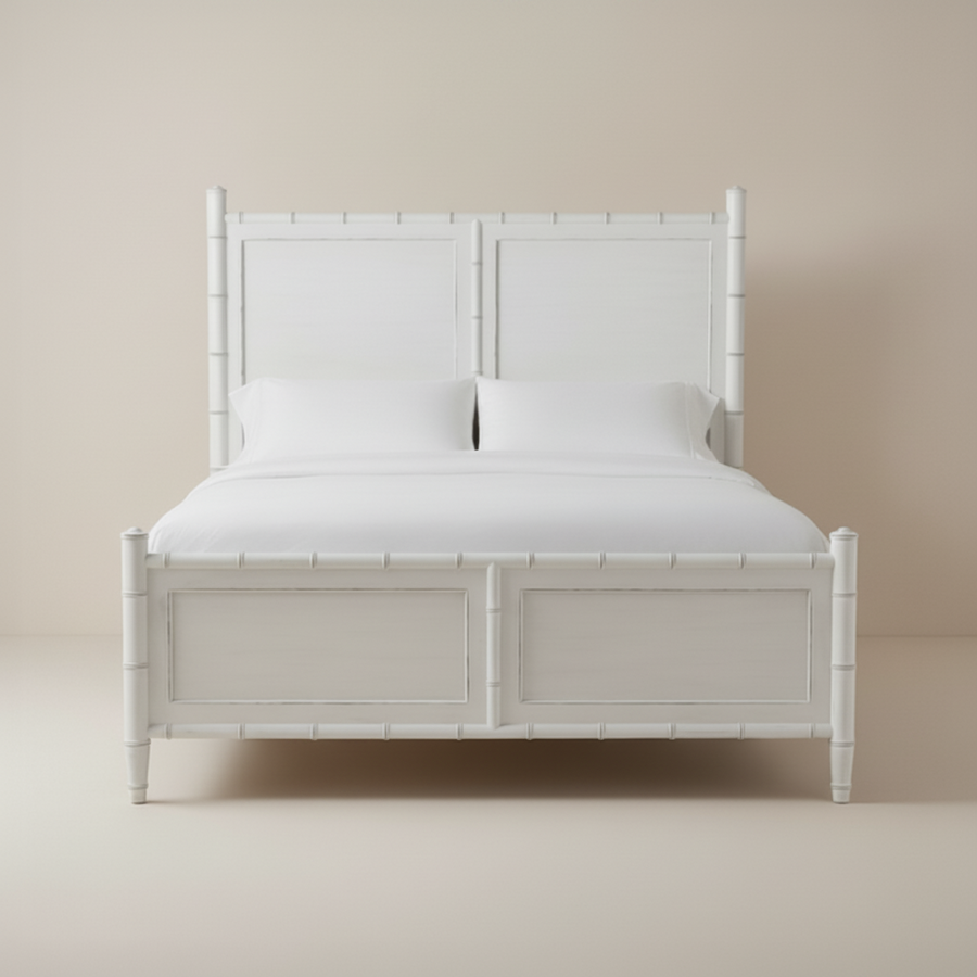 White wooden bed with a minimalist design on a beige background