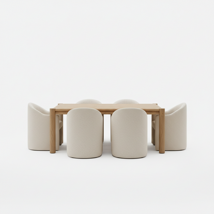 Wooden dining table with 8 white chairs