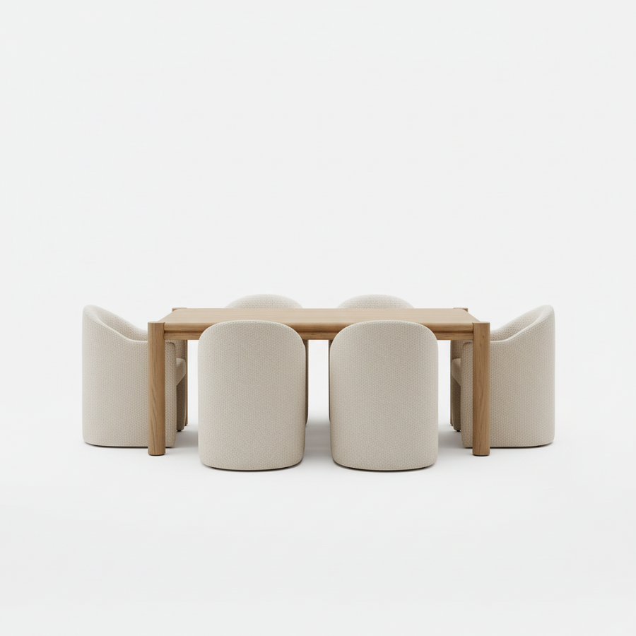 Wooden dining table with 8 white chairs