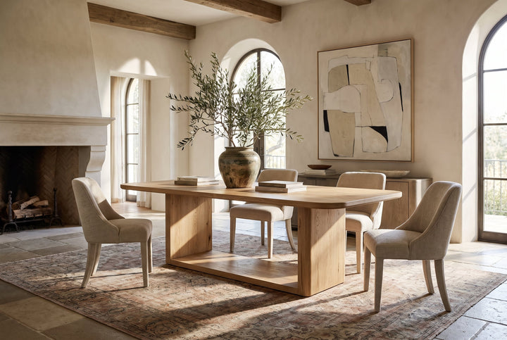 A modern dining room scene featuring a light oak wood dining table with a thick base and four upholstered dining chairs in a neutral beige tone, set on a patterned area rug in a sunlit room with a fireplace and arched windows.