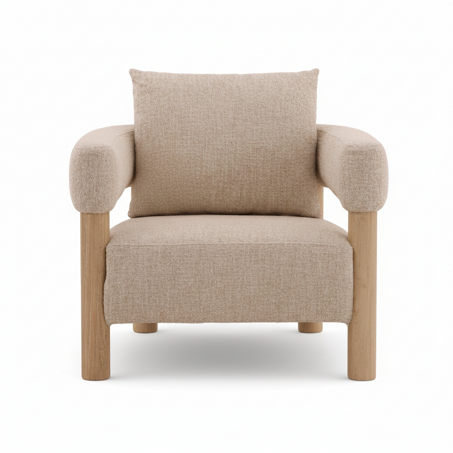 Beige armchair with wooden legs on a white background
