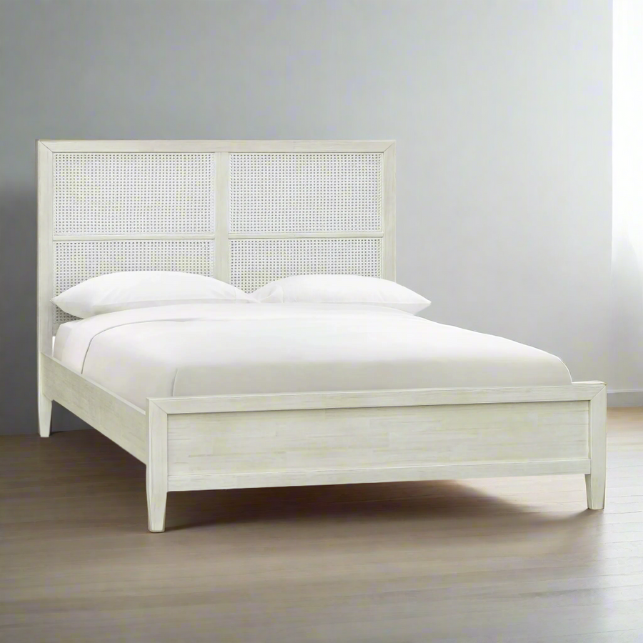 ABBY WHITE WASHED CANE PANEL BED