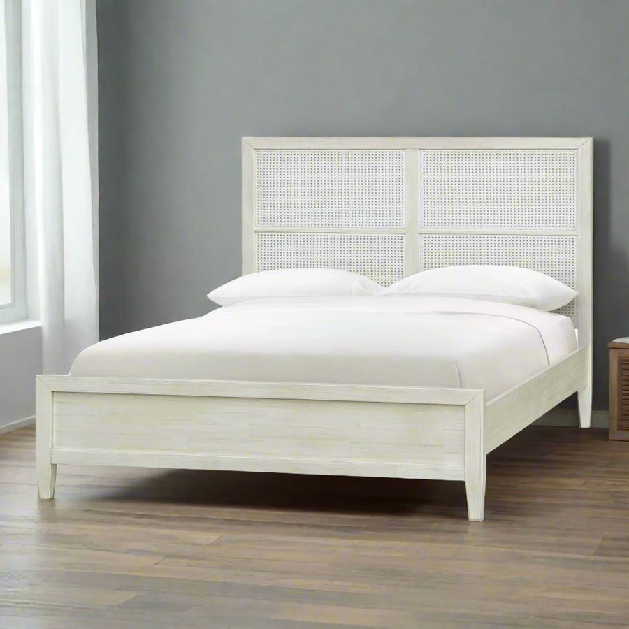 ABBY WHITE WASHED CANE PANEL BED