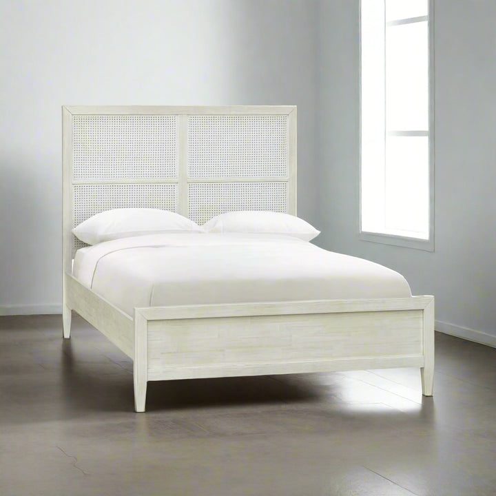 ABBY WHITE WASHED CANE PANEL BED