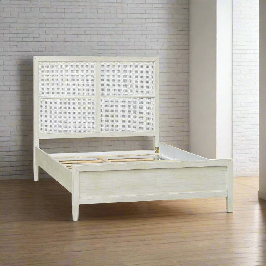 ABBY WHITE WASHED CANE PANEL BED