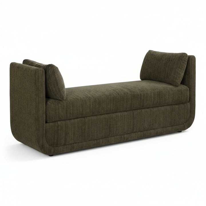 green upholstered bench with low-profile legs on a white background