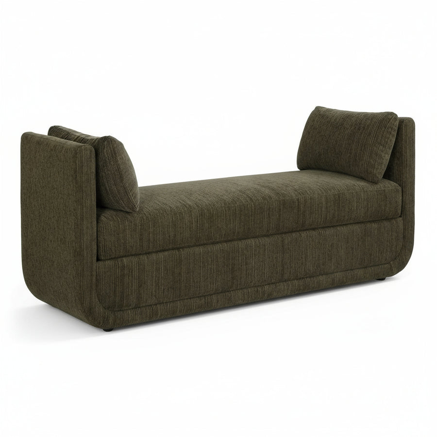 green upholstered bench with low-profile legs on a white background